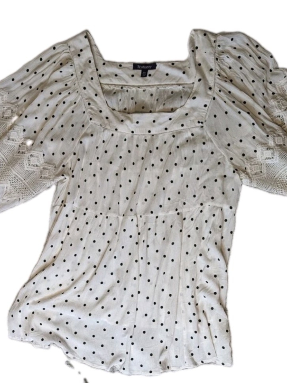 Roamans Ivory Polka Dot Boho Peasant Top Lace Puff Sleeve Plus Size 24W